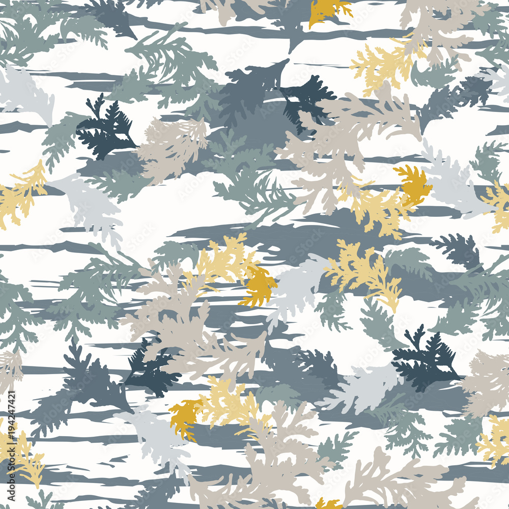 Poster botanical vector seamless pattern with thuja branches and twigs and abstract brush strokes backgroun