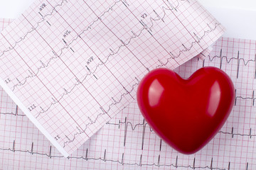 Close up of red glossy heart on the paper background with electrocardiograms (ECG or EKG)