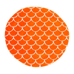 Fish scale on watercolor background. Bright colors. Mermaid tail banner and invitation. Hand drawn round backdrop with fish scale ornament. Girl underwater and sea pattern. Orange vector. © Holo Art