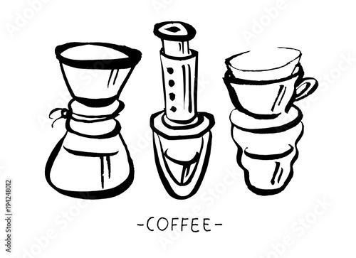 Vector Hand Drawn Illustration Set Of Coffee Preparation Pour Over Brewer Kettle Vector Hand Drawn Illustration Set Of Coffee Preparation Pour Over Brewer Kettle