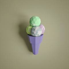 Food concept. Ice cream from cardboard on papper background. Cartoon food product packagingand delivery. 3D model render