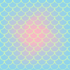 Fish skin on trendy gradient background. Square backdrop with fish skin ornament. Bright color transitions. Mermaid tail banner and invitation. Underwater and sea pattern. Blue, rose, pink colors.