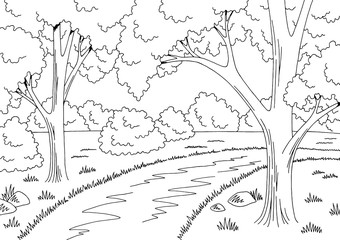 Obraz premium Forest road graphic black white landscape sketch illustration vector