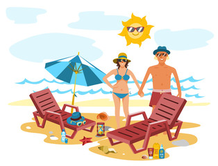 Man and woman couple vacation summer time on the beach sand tropical nature vector illustration.