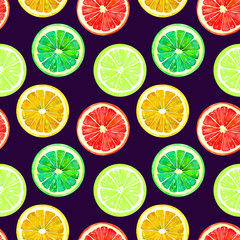 Grapefruit, orange, lime and lemon, seamless pattern design, hand painted watercolor illustration, dark blue background