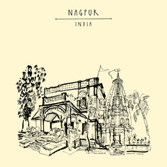 Nagpur, Maharashtra, India. Poddareshwar Ram, old Hindu temple. Travel sketch. Vintage hand drawn postcard