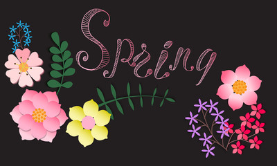 Spring postcard with painted flowers, spring lettering. Hand drawing illustration, template for design