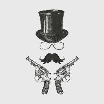 Gentleman with moustaches, glasses, top hat and revolvers. Victorian logo template. Gentlemen icon set vector. Hand drawn illustration