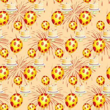 Seamless repeating pattern with balls, cake and firework © alexmu