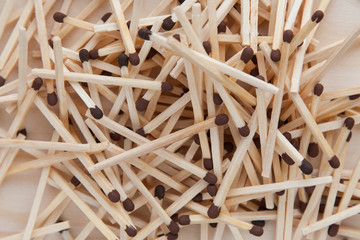 The wooden unburned matches are thrown out by a slide against the background of a light brown tree