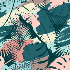 Seamless exotic pattern with tropical plants and artistic background