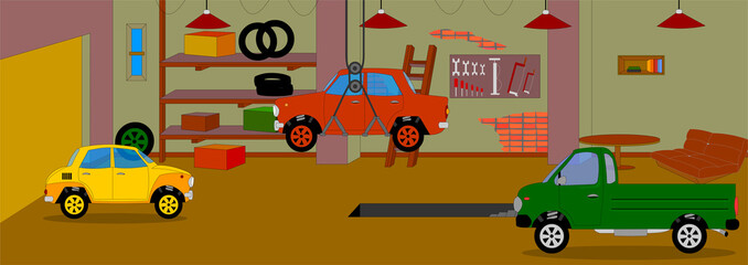 Vector illustration. The animated background of the garage, the garage for repairs a few cars