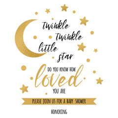 Twinkle twinkle little star text with gold star and moon for girl baby shower invitation template