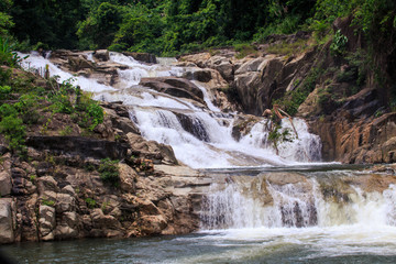 Cascade of Waterfalls in Stones among Tropical Trees