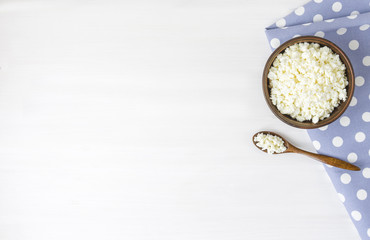 Cottage cheese with apples for breakfast in a bowl close up. Top view image. Cottage cheese with apples for breakfast in a bowl close up. Blue polka dot napkin. Top view image. Copyspace for your text