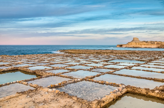 Salt pans near Qbajjar in Gozo, Malta.