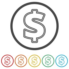 Dollars sign icon. USD currency symbol, 6 Colors Included