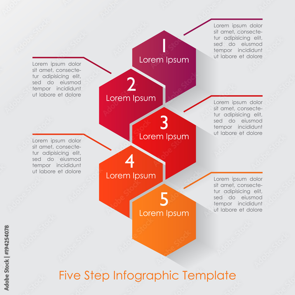 Poster five step geometric infographic in bright colors and space for text. vector illustration of a hexago