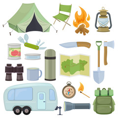 Set of travel equipment. Accessories for camping and camps. Colorful cartoon illustration of camping and tourism equipment. Vector