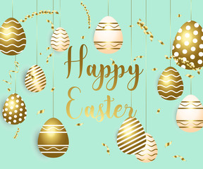 Happy easter template with gold ribbon and eggs, frame, green background and gold confetti