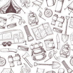 Seamless pattern of travel equipment. Accessories for camping and camps. Sketch illustration of camping and tourism equipment. Vector