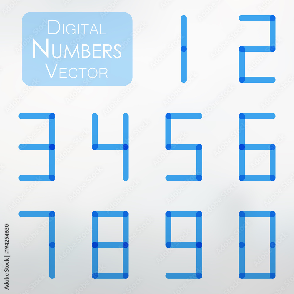 Poster digital number collection in transparent blue design. vector illustration of digital numbers from 0 