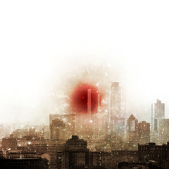 Grunge surreal city skyline with big red sun and star light effect. Copy space.