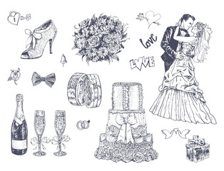 Hand Drawn Wedding and Marriage Set. Groom and bride, festive cake, wedding rings, bouquet, gift, champagne. Vintage collection isolated on white