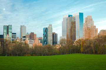 Sheep Meadow at Central Park and Midtown skyline, New York City, NY, USA