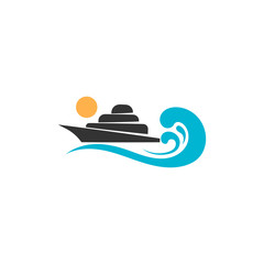 Yacht logo vector illustration with  water wave on the background, travel agency concept