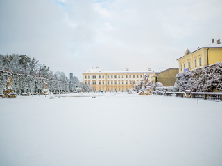 Fototapeta na wymiar landscape winter snow season at mirabell park , Salzburg Austria