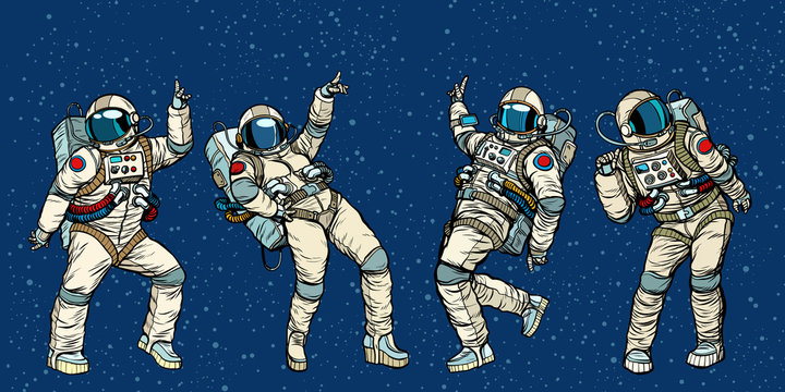 Disco party astronauts dancing men and women