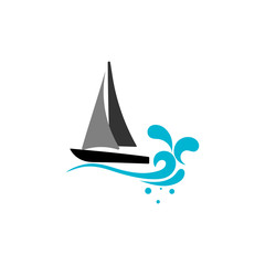 Yacht logo vector illustration with  water wave on the background, travel agency concept