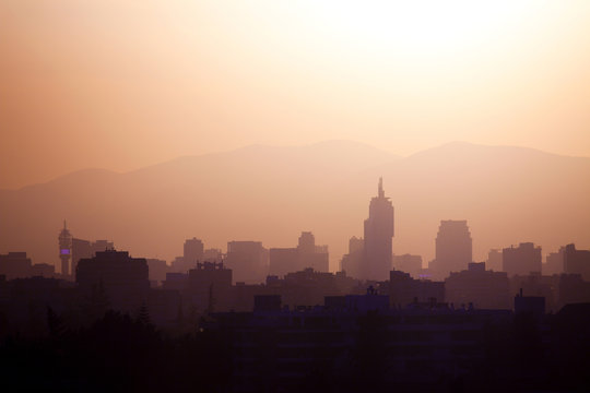 Skyline of downtown Santiago de Chile at sunset