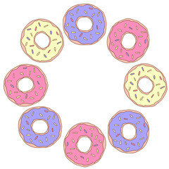 Frame with donuts for Happy birthday for card, poster, invitation. Vector illustration