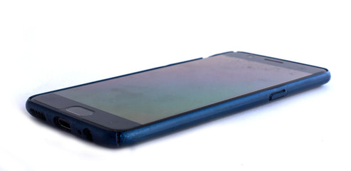 Mobile phone and blue case on White background 