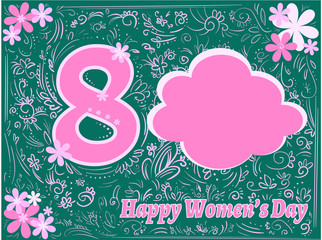 Greeting green card with bubble frame and pink happy womens day