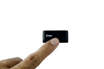 Finger pressing Enter computer key button isolated on white, Command on keyboard