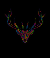 Graphic print of stylized deer in spectrum colors on black background. Linear drawing.