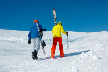 Photo of sports couple falling with snowboard