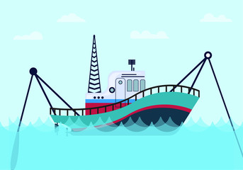 fishing boat on the sea with blue ocean and flat style vector graphic illustration