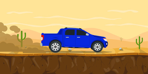 car pickup truck on the desert road with cactus tree and mountain as background vector graphic illustration © ribkhan