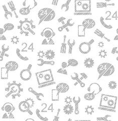 Technical support, repair, assistance, seamless pattern, white, pencil hatching, vector. Repair and maintenance of computers and home appliances. Monochrome background. 