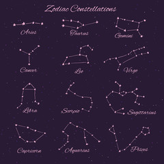 Hand drawn vector zodiac constellations: aries, taurus, gemini, cancer, leo, virgo, libra, scorpio, sagittarius, capricorn, aquarius and pisces. - 194258636