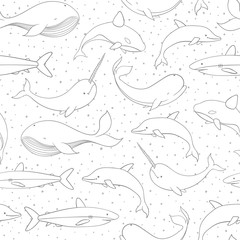 Vector seamless pattern with whale, shark, narwhal and dolphin contours on the polka dot white background. Sea creatures and marine life backdrop. © Anastasia
