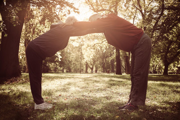 Active seniors couple exercising and stretching arms together in forest.