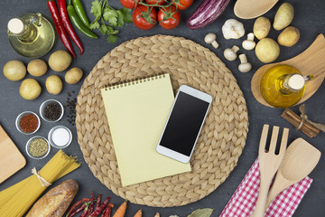 Food and cooking concept. Organic Ingredients top view and copy space.