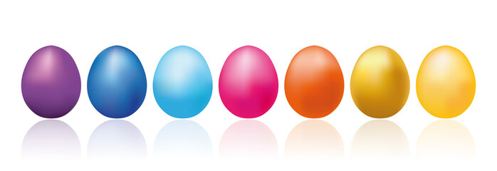 Colorful easter eggs line with reflection on a white surface. Spring easter vector banner.