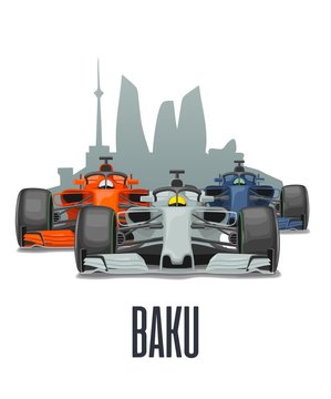 Cityline Baku and three racing cars on Grand Prix.