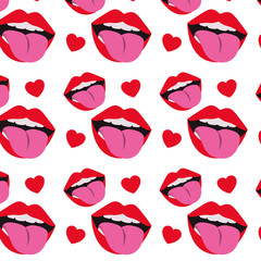 sensuality lips with tongue out and hearts pattern background vector illustration design